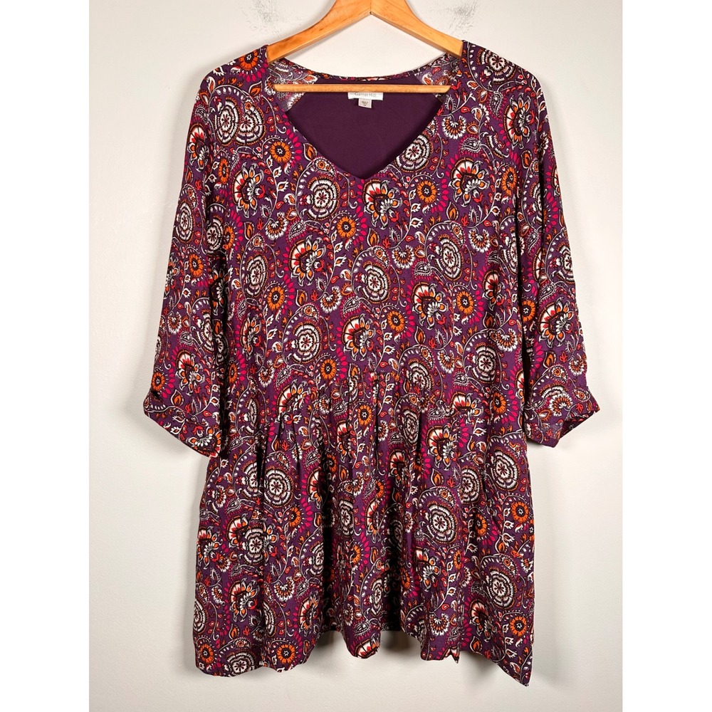 Garnet Hill Tunic Dress Womens 14 Purple Paisley Floral V-Neck 3/4 Sleeve boho